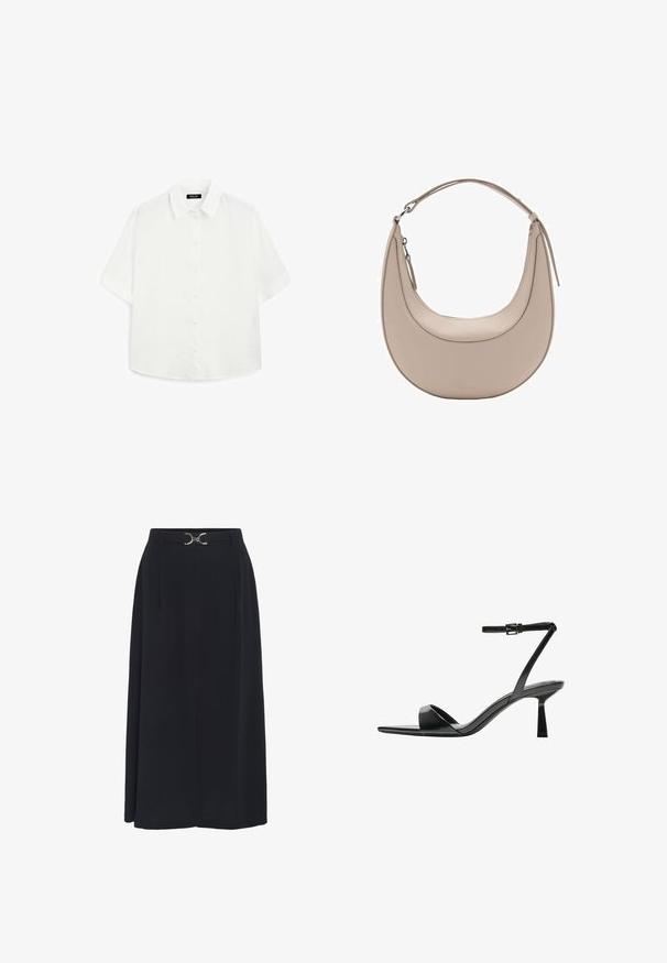 White short-sleeve shirt made of lightweight fabric, featuring a classic collar, button closure, and a rounded hem with subtle texture.; Black, knee-length skirt made of smooth fabric, featuring a high waistband with a silver-toned buckle and pleats for added dimension.; Bershka High heeled sandals - black; Beige leather shoulder bag with a crescent shape, smooth texture, and a single curved handle. Features a zip closure and neat stitching.
