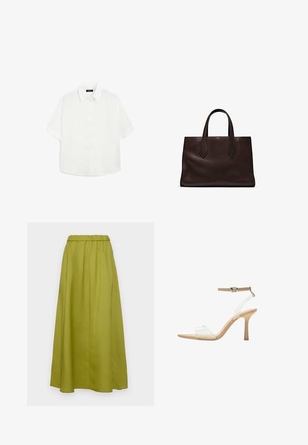 Camicia bianca a maniche corte realizzata in tessuto leggero, con colletto classico, chiusura con bottoni e orlo arrotondato con una leggera texture.; Gonna maxi in verde oliva, realizzata in tessuto morbido. Presenta una vita elastica e una silhouette fluida con pieghe per un tocco di texture in più.; Sandal con tacco trasparente e parte superiore trasparente, plantare beige e una sottile cinghia alla caviglia. Presenta una punta appuntita e un tacco alto e sottile.; Borsa a spalla in pelle marrone con due manici lunghi, forma rettangolare strutturata, texture liscia e dettagli di cucitura sottili.