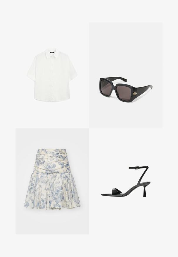 Witte korte mouwen shirt van lichtgewicht stof, met een klassieke kraag, knoopsluiting en een afgeronde zoom met subtiele textuur.; Lichtgewicht bloemenrok in crème en blauw, met een geraffineerde taille en geplooid ontwerp, gemaakt van een zachte stof met een subtiele textuur.; Bershka Sandalen met hoge hak - black; Zwarte oversized zonnebril met donkere lenzen, glanzend plastic montuur, afgeronde vierkante vorm en een gouden in elkaar grijpend GG-logo aan de zijkant.; Zwarte, gewatteerde leren handtas met een gouden kettingriem, voorzien van een ronde gouden sluiting en een flap sluiting. Compacte rechthoekige vorm.