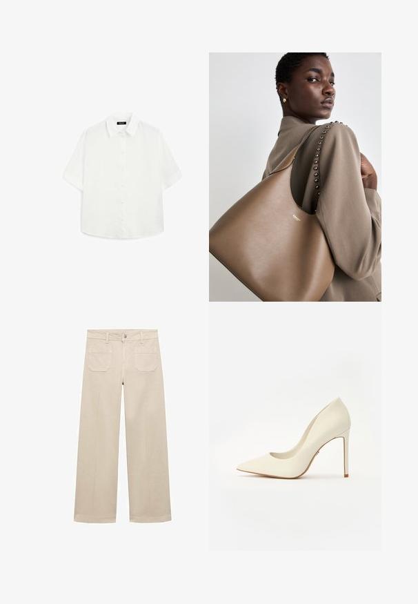 Witte korte mouwen shirt van lichtgewicht stof, met een klassieke kraag, knoopsluiting en een afgeronde zoom met subtiele textuur.; Beige wijde broek van katoen. Voorzien van een rits, een knoop aan de voorkant en twee opgestikte zakken op de achterkant. Schoon afgewerkt zonder versieringen.; Witte hoge hakken met een spitse neus, een gladde leren textuur en een slanke stilettohak. Minimalistisch ontwerp met subtiele accenten.; Bruine lederen handtas met een gladde textuur, met een gebogen silhouet en een metalen logo. De schouderband heeft decoratieve studs langs de naad.