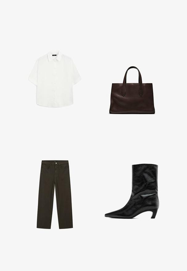White short-sleeve shirt made of lightweight fabric, featuring a classic collar, button closure, and a rounded hem with subtle texture.; Dark green wide-leg jeans made of cotton blend, featuring a front button closure, five pockets, and classic denim stitching.; Black leather ankle boot with a pointed toe and a low, tapered heel. Features a smooth texture with subtle creases on the surface.; Brown leather tote bag with two elongated handles, structured rectangular shape, smooth texture, and subtle stitching details.