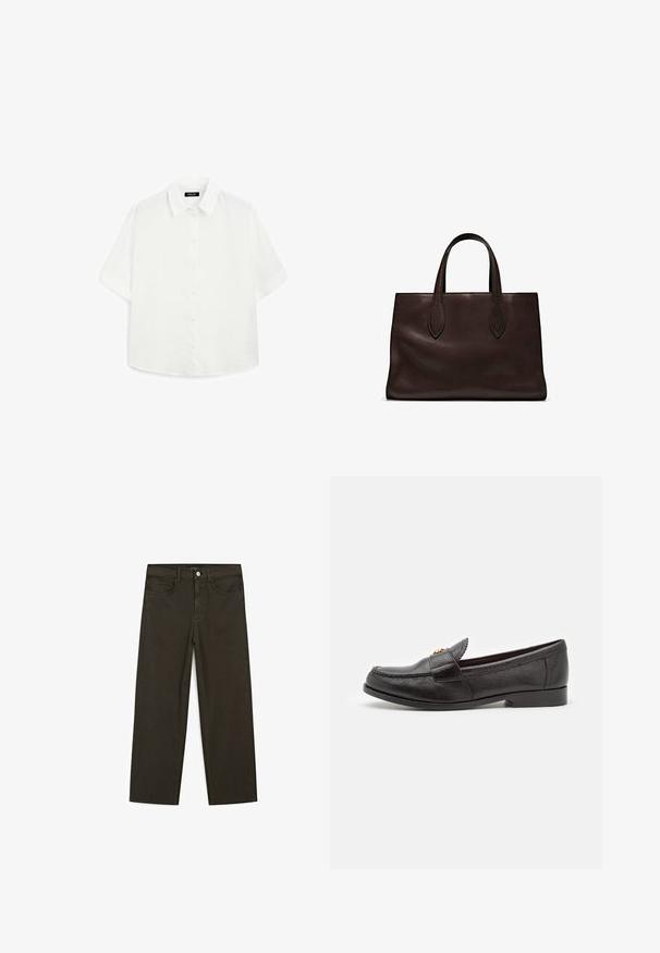 White short-sleeve shirt made of lightweight fabric, featuring a classic collar, button closure, and a rounded hem with subtle texture.; Dark green wide-leg jeans made of cotton blend, featuring a front button closure, five pockets, and classic denim stitching.; Black leather loafer shoe with textured surface, round toe, and decorative stitched detailing. Features a flat heel and slip-on design.; Brown leather tote bag with two elongated handles, structured rectangular shape, smooth texture, and subtle stitching details.