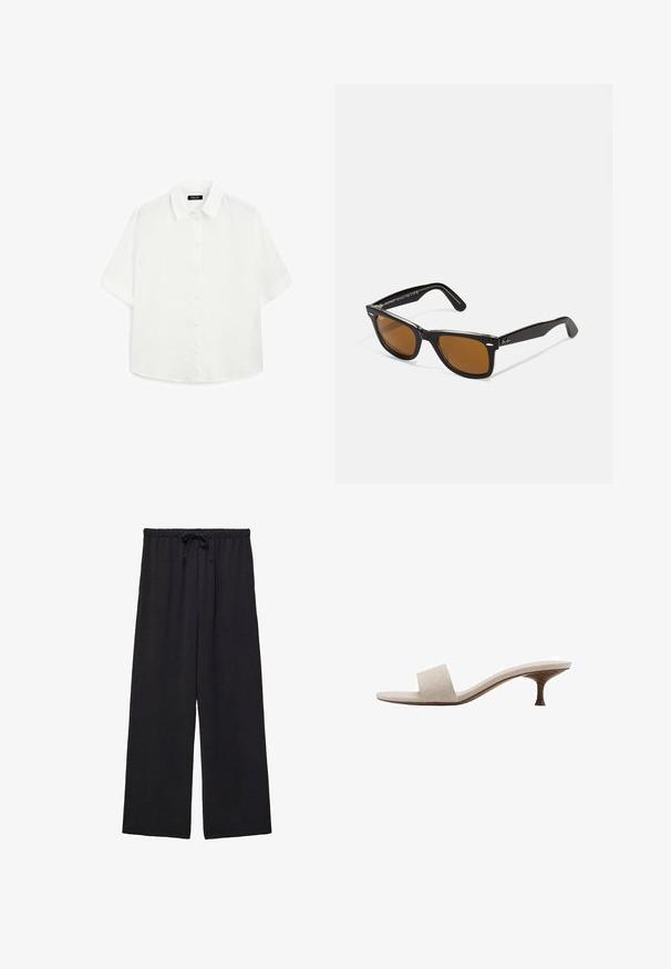 Witte korte mouwen shirt van lichtgewicht stof, met een klassieke kraag, knoopsluiting en een afgeronde zoom met subtiele textuur.; Mango TILL-A - Broek - black; Hiel-loze sandaal met een beige geweven stoffen bovenwerk, open teen en een gebogen houten tussenzool. Het ontwerp heeft een gladde textuur en een minimalistische vorm.; Zwarte plastic zonnebril met een klassiek rechthoekig montuur en bruin getinte lenzen. Kenmerken zijn onder andere zilveren accenten en gestructureerde steunkanten.; Donkerbruine leren schoudertas met twee stevige handvatten, een samengeknepen bovenkant en een goudkleurige knoopsluiting. Gestructureerd oppervlak met minimale accenten.