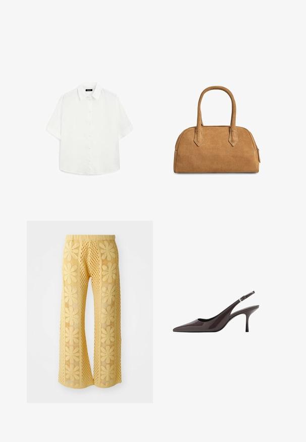 Biała koszula z krótkim rękawem, wykonana z lekkiego materiału, z klasycznym kołnierzykiem, zapięciem na guziki i zaokrąglonym dołem o delikatnej fakturze.; Żółte szydełkowe spodnie z kwiatowym wzorem, o szerokich nogawkach i elastycznej talii z teksturowanym otwartym splotem.; Czółenka na obcasie w kolorze ciemnobrązowym z lakierowanej skóry, z wąskim wysokim obcasem i regulowanym paskiem na kostce z klamrą.; Torebka zamszowa w kolorze tan, o wyraźnie zdefiniowanej formie, z dwiema rączkami, trójkątnymi wycięciami oraz zamkiem błyskawicznym na górze dla zapewnienia zamknięcia.