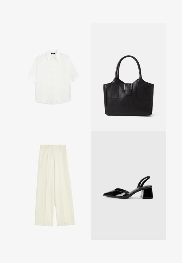 Witte korte mouwen shirt van lichtgewicht stof, met een klassieke kraag, knoopsluiting en een afgeronde zoom met subtiele textuur.; Wijduitlopende broek in off-white stof, met een soepel textuur, voorplooien en een rechte snit van taille tot zoom.; Zwarte gepatineerde leren slingback hakken met een spitse neus en een geometrische blokhak. Kenmerkt zich door een slank, minimalistisch ontwerp en een gladde textuur.; Zwarte leren tote bag met een gladde textuur, gestructureerde vorm, twee handvatten en een opvallend zilveren sluitingdetail aan de voorkant.
