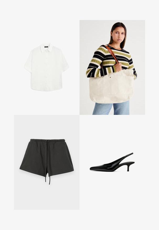 White short-sleeve shirt made of lightweight fabric, featuring a classic collar, button closure, and a rounded hem with subtle texture.; Black cotton shorts with an elastic waistband and drawstring, featuring a simple design and a soft texture. Short length and no patterns.; Black pointed-toe slingback shoe with a glossy leather finish and a thin, low heel. Features a cutout on the side for breathability.; Large beige canvas tote bag with brown leather straps, featuring a minimal design and visible stitching accents.