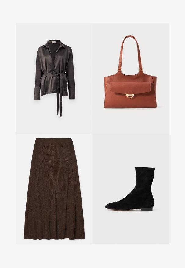 Jachetă din satin maro închis, cu guler, mâneci lungi, închidere cu nasturi și curea frontală pentru ajustarea confortului. Textură netedă.; Fustă midi călduță, cu nervuri, având o textură specială, cu un talie ajustată și un design plissetat pentru volum și mișcare.; Cizme scurte din suede negre, cu un știft ajustat, vârful ascuțit și un toc mic, pătrat. Textură netedă și design minimalist, potrivite pentru un stil versatil.; Geantă tote din piele maro cu mânere lungi, buzunar în față cu clapetă și închizătoare în formă de inimă aurie gravată cu "Love Moschino."
