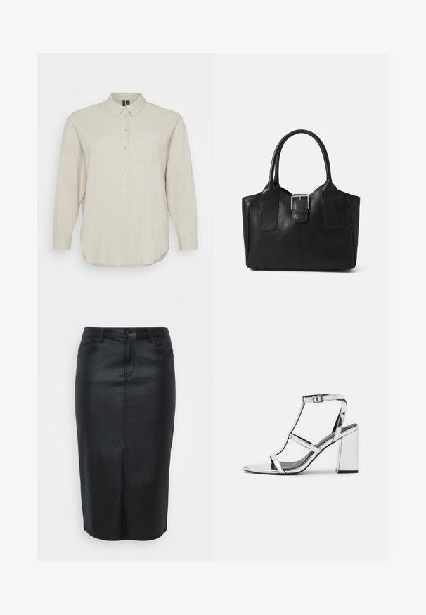 Helles beige Langarmhemd aus weichem Stoff, mit durchgehender Knopfleiste, klassischem Kragen und einer einzelnen Brusttasche. Glatte Textur.; Schwarzer Denim-Bleistiftrock mit hoher Taille, fünf Taschen Design und vorderem Knopfverschluss. Glatte Textur und knielanger Schnitt.; Silberne metallische Absatzsandale mit einem T-Riemen-Design, verstellbarem Knöchelriemen und Blockabsatz, mit einer glatten, reflektierenden Oberfläche.; Schwarze Leder-Tote mit glatter Textur, strukturiertem Design, zwei Griffen und einem auffälligen silbernen Schnallen-Detail auf der Vorderseite.
