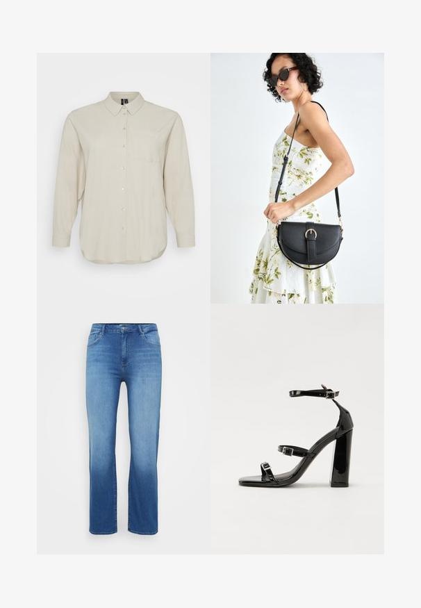 Lys beige langermet skjorte laget av mykt stoff, med knapper foran, klassisk krage og en enkelt brystlomme. Glatt tekstur.; Lys blå denimjeans med rett snitt, fem lommer og en falmingseffekt ved nederkant. Kneppestenging i midjen.; Svarte høyhælte sandaler i lakk med to spennestraps, firkantet tå og en tykk blokkhæl, med en glatt, blank tekstur.; Svart lærveske med en buet form, avtagbar stropp og gullbeslag. Vesken har et klaff med spenne-detall.