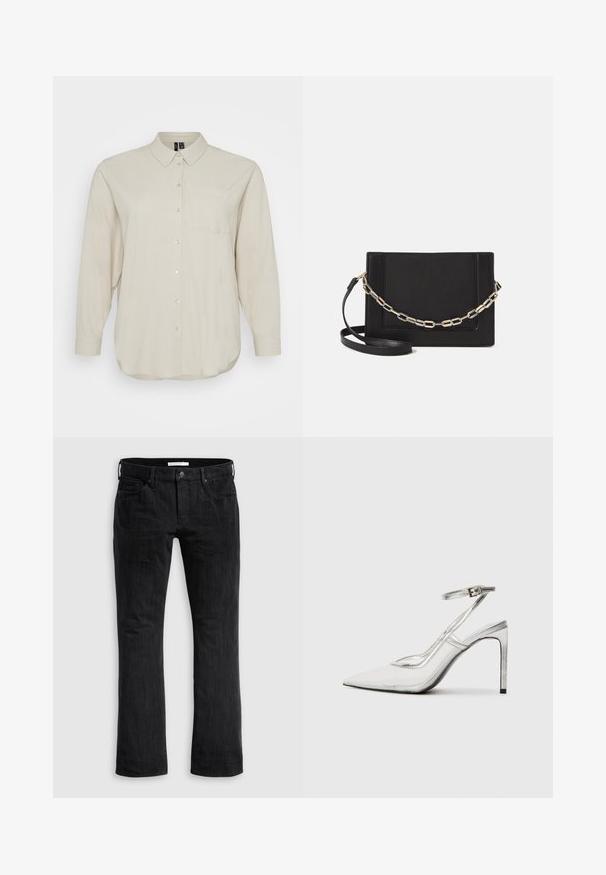Helles beige Langarmhemd aus weichem Stoff, mit durchgehender Knopfleiste, klassischem Kragen und einer einzelnen Brusttasche. Glatte Textur.; Schwarze Denim-Jeans mit geradem Bein Schnitt, ausgestattet mit einem klassischen Fünf-Taschen-Design, subtiler vertikaler Textur und vorderem Knopfverschluss.; Klarer Stiletto-Absatzschuh mit spitzer Zehe, transparentem Material, metallisch silbernen Akzenten und verstellbarem Knöchelriemen.; Schwarze Leder-Crossbody-Tasche mit glatter Textur, rechteckiger Form und metallic-kettendetail auf der Vorderseite. Verstellbarer Gurt inklusive.