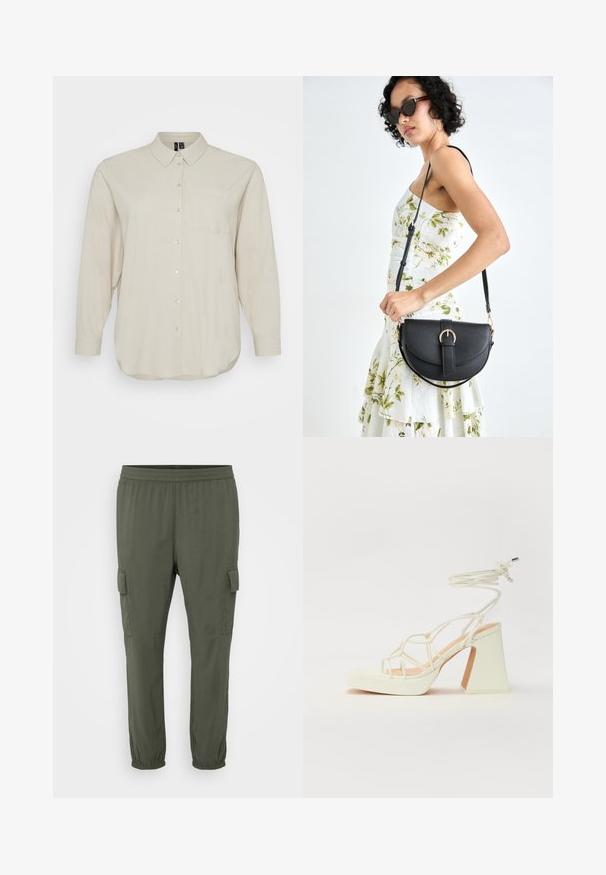 Svetlo bež srajca z dolgimi rokavi, izdelana iz mehkega materiala, z gumbom spredaj, klasičnim ovratnikom in enim žepom na prsih. Gladka tekstura.; Zelene cargo hlače z elastičnim pasom, zoženimi hlačnicami in stranskimi žepi. Narejene iz lahke tkanine z gladko teksturo.; Bela sandala na visokih petah s debelim petam, ki ima obliko trakcev in vezanje okoli gležnja. Gladka tekstura z platformo spredaj za dodatno višino.; Črna usnjena torbica s ukrivljeno obliko, z odstranljivo naramnico in zlatimi dodatki. Torbica ima pokrov s podrobnostmi v obliki zaponke.