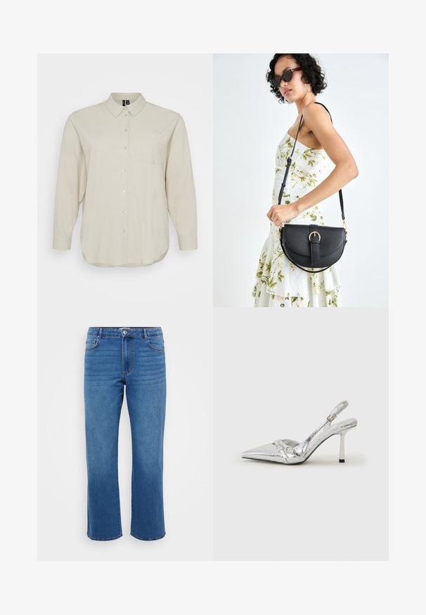 Camisa de manga longa bege claro feita de tecido suave, com frente abotoada, colarinho clássico e um único bolso no peito. Textura suave.; Jeans de ganga azuis com um corte reto, apresentando um fecho de botão, design clássico de cinco bolsos e uma textura ligeiramente desbotada nas coxas.; Sapato de salto alto slingback prateado com bico fino, acabamento metálico, duas correias decorativas e um salto esbelto com ponta preta.; Bolsa de couro preta com forma curva, alça destacável e detalhes em dourado. A bolsa possui uma aba com detalhe de fivela.