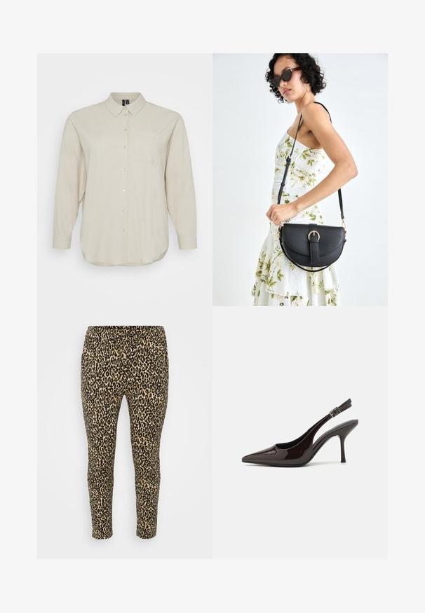 Világos bézs színű, hosszú ujjas ing puha anyagból, gombos elülső résszel, klasszikus gallérral és egyetlen mellzsebbel. Sima textúra.; Leopárdmintás leggings bézs és fekete színben, állítható derékpánttal, karcsú szabással, és puha, rugalmas anyaggal a kényelem érdekében.; Fényes sötétbarna lakkbőr magas sarkú slingback cipő, hegyes orral, nyitott oldalakkal és állítható bokapánttal.; Fekete bőrtáska ívelt formával, levehető pánttal és arany színű fémrészekkel. A táskán egy csattal díszített fedél található.