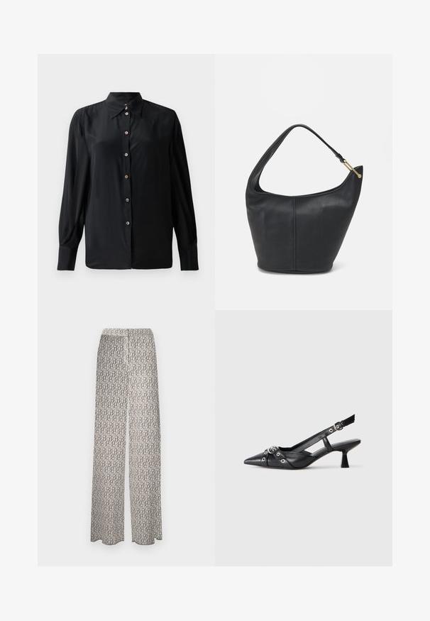 Črna dolgóslejeva majica iz gladkega materiala, z klasičnim ovratnikom in gumbasto zaporo z dekorativnimi gumbi. Brez vidnih vzorcev.; Široke hlače iz lahkega blaga s ponavljajočim se abstraktnim vzorcem v zemeljskih tonih. Elastičen pas za udobje, brez dodatnih detajlov.; Črne usnjene sandale središnje zaponke z ostro konico, okrasnimi trakovi z kovinskimi očesi in nizko blokasto peto. Teksturirana površina.; Črna usnjena torbica ovalne oblike, s širokim pasom in teksturirano površino. Ima subtilno šivano podrobnost in zlate dodatke.