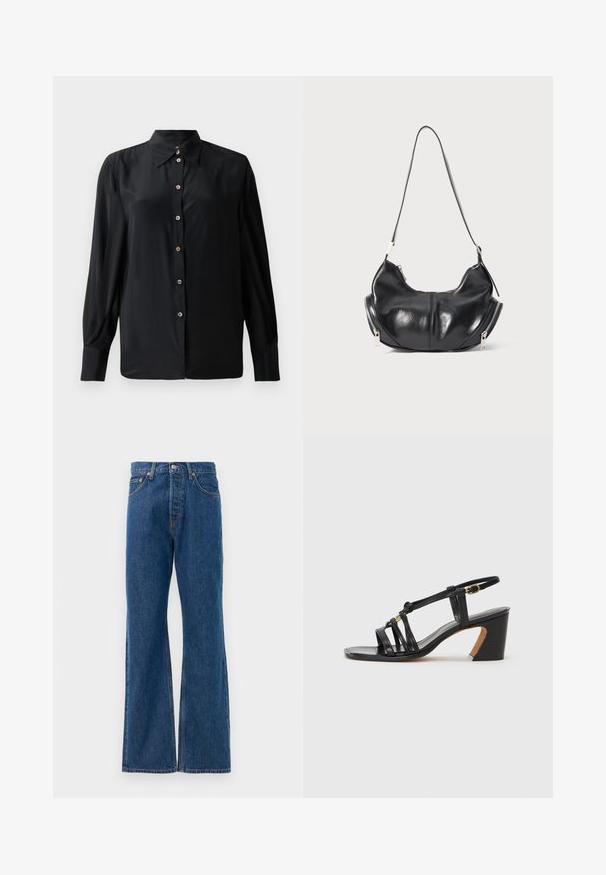Fekete, hosszú ujjas ing sima anyagból, klasszikus gallérral és díszítő gombokkal ellátott gombolási megoldással. Nincsenek látható minták.; Kék farmer, kicsit bővülő szárú nadrág magas derékkal, öt zsebbel, ezüst gombos záródással és látható varrási részletekkel.; Paul Smith AMIRA - Klasszikus sarkú cipők - black; Fekete bőr, félhold alakú válltáska ezüst cipzárakkal mindkét oldalon és egyetlen pánttal.