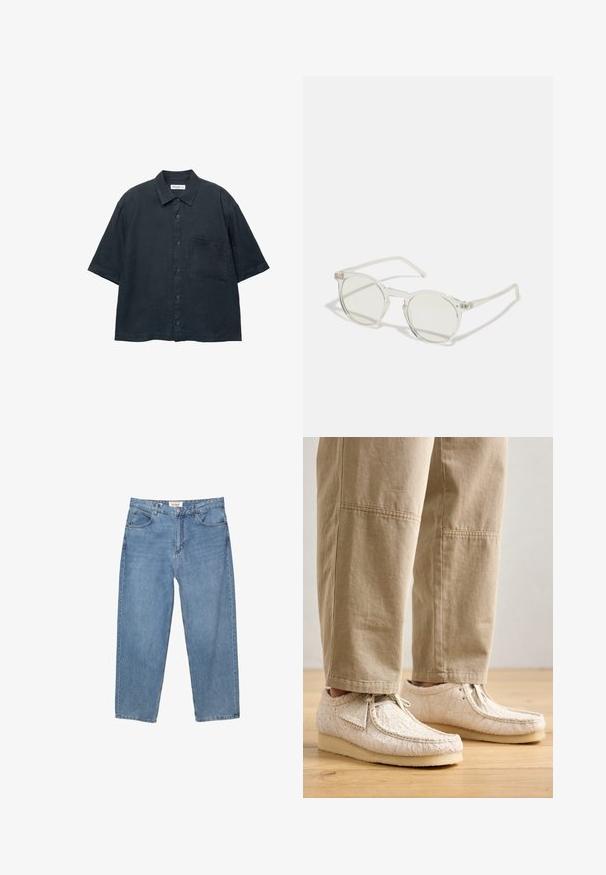 Camicia a maniche corte di colore blu scuro, realizzata in tessuto leggero, con taschino sul petto e colletto classico.; Jeans in denim blu chiaro con taglio dritto, design a cinque tasche e etichetta del marchio visibile in vita.; Scarpe bianche texturizzate con un motivo pizzicato, design con lacci e suola in gomma beige, abbinate a pantaloni beige chiaro dalla vestibilità rilassata.; Occhiali da sole rotondi con una montatura trasparente, lenti verde chiaro e stemmi sottili e trasparenti. Presentano sottili dettagli hardware sulla montatura.