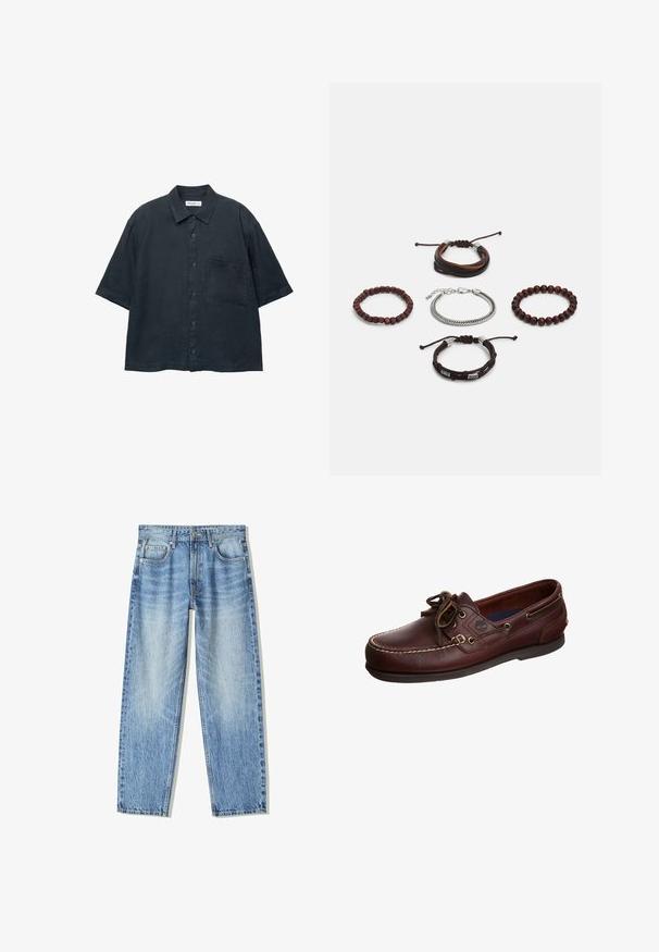 Ciemnoniebieska koszula na krótki rękaw zapinana na guziki, wykonana z lekkiego materiału, z kieszonką na piersi i klasycznym wzorem kołnierzyka.; Jasnoniebieskie dżinsy o luźnym kroju, prostych nogawkach, pięcioma kieszeniami i wyblakłej fakturze. Zawierają zamek błyskawiczny i zapięcie na guziki z przodu.; Brązowe skórzane buty łodziowe z wiązanym designem, kontrastującym białym przeszyciem, gumową podeszwą i metalowymi oczkami. Posiadają logo z boku.; Zestaw pięciu bransoletek z brązowej skóry, drewnianych koralików i srebrnego łańcucha; różne faktury i kształty, z regulowanymi zapięciami.