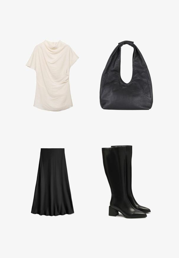 Kremowy top z krótkim rękawem i drapowanym dekoltem, wykonany z teksturowanej tkaniny, o luźnym kroju, idealny do codziennych lub warstwowych stylizacji.; Czarna, satynowa spódnica o kroju litery A, gładka w dotyku, do kolan, charakteryzująca się prostym, czystym wzorem bez zdobień i wzorów.; Czarne skórzane botki do kolan z wąskim noskiem i masywnym obcasem. Gładka tekstura, minimalne szwy i prosty zamek błyskawiczny.; Czarna skórzana torba hobo w luźnym kształcie, z dużym wycięciem u góry i dwoma bocznymi kieszeniami. Miękka tekstura i szczegół związania na pasku.
