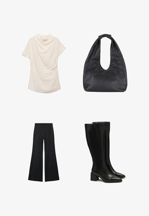 Kremowy top z krótkim rękawem i drapowanym dekoltem, wykonany z teksturowanej tkaniny, o luźnym kroju, idealny do codziennych lub warstwowych stylizacji.; Czarne spodnie o szerokich nogawkach z gładką teksturą, z przodu ozdobione zakładkami i skrojonym fasonem. Materiał jest lekki i zwiewny.; Czarne skórzane botki do kolan z wąskim noskiem i masywnym obcasem. Gładka tekstura, minimalne szwy i prosty zamek błyskawiczny.; Czarna skórzana torba hobo w luźnym kształcie, z dużym wycięciem u góry i dwoma bocznymi kieszeniami. Miękka tekstura i szczegół związania na pasku.