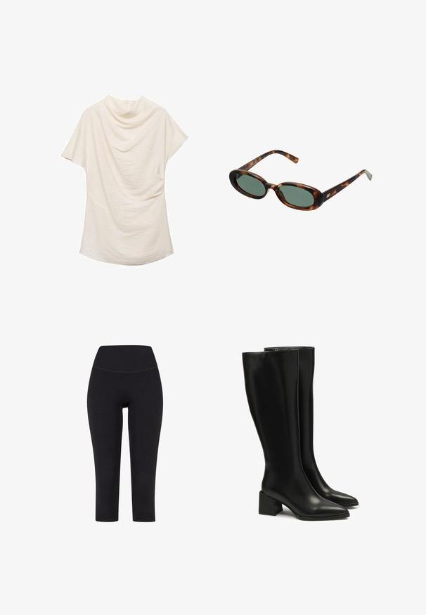 Kremowy top z krótkim rękawem i drapowanym dekoltem, wykonany z teksturowanej tkaniny, o luźnym kroju, idealny do codziennych lub warstwowych stylizacji.; Czarne legginsy za kostkę wykonane z elastycznego materiału, z wysokim stanem i bez widocznych wzorów czy elementów metalowych.; Czarne skórzane botki do kolan z wąskim noskiem i masywnym obcasem. Gładka tekstura, minimalne szwy i prosty zamek błyskawiczny.; Okulary przeciwsłoneczne w kolorze tortoise z owalnymi oprawkami i zielonymi soczewkami. Posiadają cienkie zauszniki z metalowym akcentem przy zawiasach.; Czarna skórzana torba hobo w luźnym kształcie, z dużym wycięciem u góry i dwoma bocznymi kieszeniami. Miękka tekstura i szczegół związania na pasku.