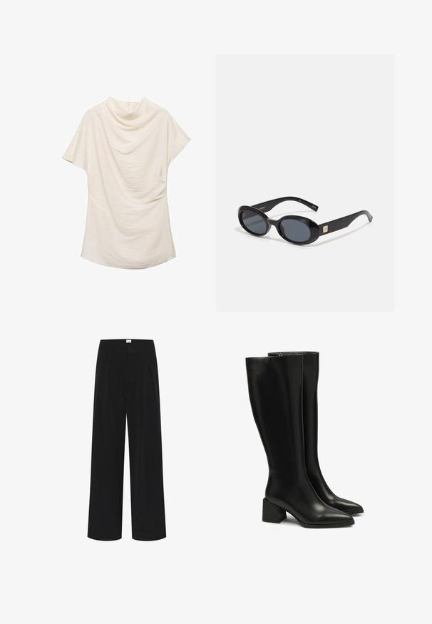 Kremasta kratka majica s kratkimi rokavi in drapiranim izrezom, z teksturirano tkanino in ohlapnim krojem, idealna za vsakodnevne ali plastične kombinacije oblačil.; Črne široke hlače z visokim pasom, naborki in gladko teksturo. Minimalističen dizajn brez vidnih vzorcev ali dodatkov.; Črne usnjene škornje do kolen s koničastim nosom in debelim blok podplatom. Gladka tekstura, minimalno šivanje in preprost zadrge.; Črne ovalne sončna očala s temnimi lečami, sijajnim plastičnim ohišjem, širokimi ročaji in majhnim zlatim naglavkom na eni strani.; Črna usnjena hobo torba s prijetno obliko, velikim izrezom in dvema stranskima žepoma. Mehka tekstura in detajl z vozlom na traku.