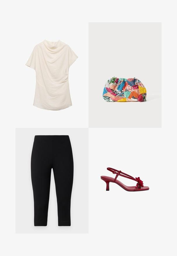 Kremasta kratka majica s kratkimi rokavi in drapiranim izrezom, z teksturirano tkanino in ohlapnim krojem, idealna za vsakodnevne ali plastične kombinacije oblačil.; Črne kapri legice iz raztegljivega materiala, ki se tesno prilegajo in imajo gladko teksturo, brez izrazitih vzorcev ali dodatkov.; Rdeče usnjene sandale s peto, s kvadratnim prstom, tankimi trakovi in teksturirano cvetlično dekoracijo spredaj. Stiletto peta je približno 6,4 cm visoka.; Barvita tkana torbica za roke z različnimi vzorci v roza, modri, zeleni in rumeni barvi, z teksturiranimi okrasnimi elementi in okrasnimi detajli.