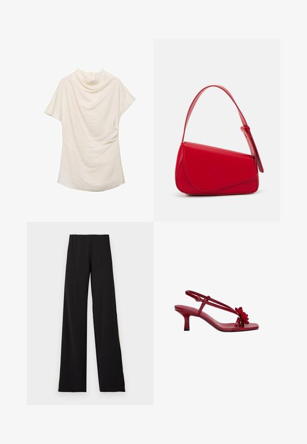 Haut à manches courtes de couleur crème avec un décolleté drapé, présentant un tissu texturé et une coupe ample, idéal pour des tenues décontractées ou superposées.; Pantalons larges noirs en tissu doux, avec une taille élastique et une texture lisse offrant une silhouette épurée.; Escarpins slingback en cuir rouge avec un bout carré, de fines lanières et un accent floral texturé à l'avant. Le talon aiguille mesure environ 6 cm.; Sac à main en cuir rouge avec un design angulaire et géométrique. Il dispose d'une seule sangle ajustable et d'une fermeture à rabat avec un detailing cousu.