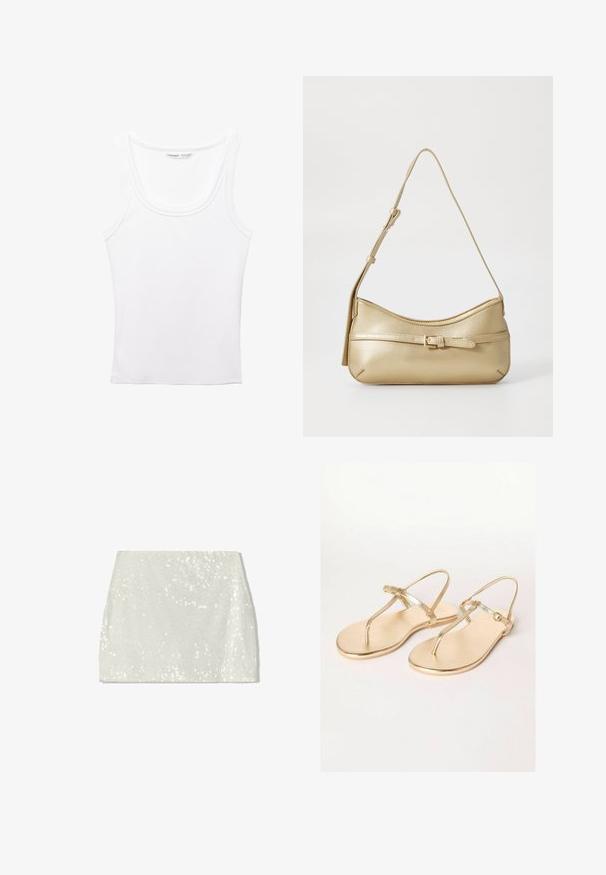 PULL&BEAR Top - white; Bershka Gonna a campana - white; Friends Like These REGULAR FIT - TOE THONG FIT - Infradito - gold; Borsa a spalla in metallo dorato con forma curvata, texture liscia, tracolla piatta e dettaglio decorativo con fibbia sul davanti.; Bracciale in tonalità oro con un esterno liscio e un interno texturizzato. Presenta un design ampio e arrotondato con un'apertura su un lato.