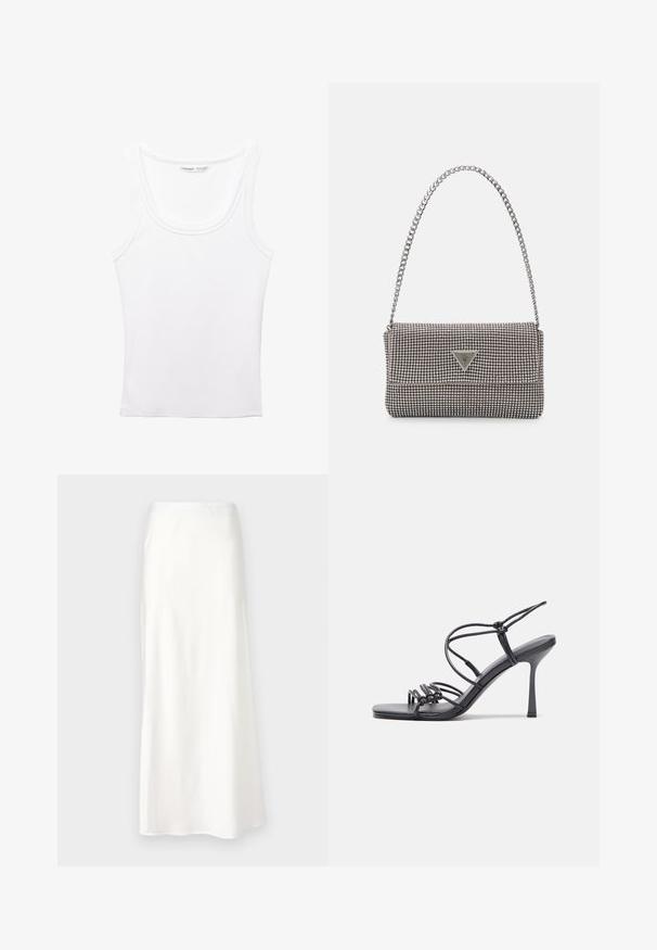 PULL&BEAR Top - white; Bela satenasta krila z gladko teksturo, srednje dolžine, v obliki črke A, z elastičnim pasom in brez vidnih vzorcev ali okrasnih elementov.; Črne visoke sandale na peto imajo tanke naramnice z vozlom, gladek kvadratni toe in eleganten stiletto peto.; Svetlo siva kovinska torbica z verižnim ročajem, okrašena z majhnimi okroglimi kovinskimi bleščicami in trikotnim logotipom blagovne znamke.; Srebrne obročaste uhane z gladko, sijočo površino. Zaobljena oblika, lahka zasnova, z zapiranjem na zatič.