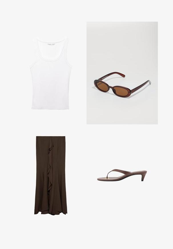 PULL&BEAR Top - white; Hnědá dlouhá sukně z měkké tkaniny s centrálním volánem, se čistým, jednoduchým designem a hladkou texturou.; Hnědé sandály s podpatkem a tenkým páskem, zaoblenou špičkou a malým zlatým akcentem na stélce.; Kulaté sluneční brýle hnědé barvy s lesklým burgundským rámem. Úzké nožičky s jemným logem. Rovné čočky.; Hnědá kožená kabelka s texturovaným povrchem, zlatým řetízkem na rameno a krátkým držadlem, se zdobením loga na boku.