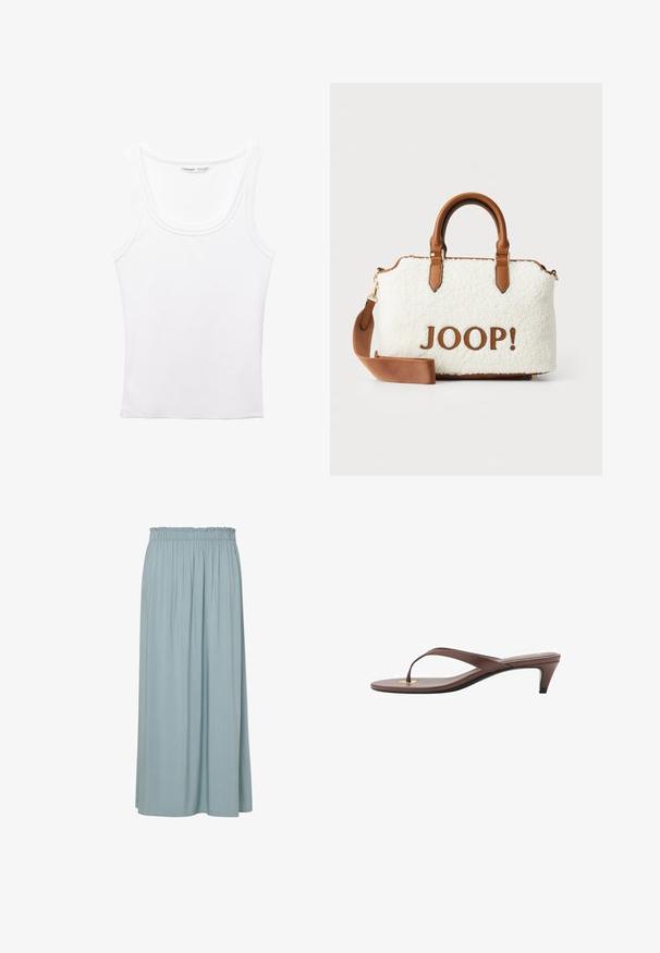 PULL&BEAR Top - white; Lichtblauwe maxi-rok met een gegadde elastische tailleband, gemaakt van zachte stof, met verticale plooien voor textuur en vloeiendheid.; Bruine hakken flip-flop sandaal met een slanke band en ronde teenpost, met een kleine gouden accent op de voetbed.; Witte pluche tas met bruine leren accenten en handvatten. Bevat een bruine "JOOP!" logo. Inclusief een afneembare schouderriem.