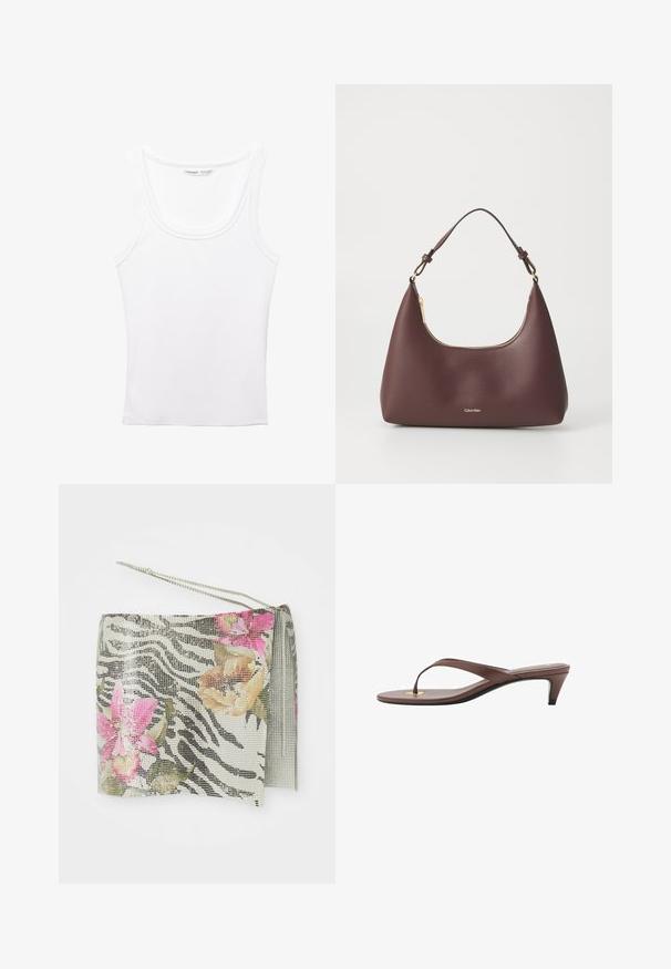 PULL&BEAR Débardeur - white; Pochette à motif zèbre avec un maillage métallique, ornée d'accents floraux roses et oranges. Elle comprend une chaîne en argent et un détail en frange.; Sandale à talons brune avec une fine lanière et un entre-doigts arrondi, arborant un petit accent doré sur le semelage.; Sac à main bordeaux avec une silhouette incurvée et une courte bandoulière, dotée d'une fermeture éclair dorée et d'un logo Calvin Klein discret à l'avant.