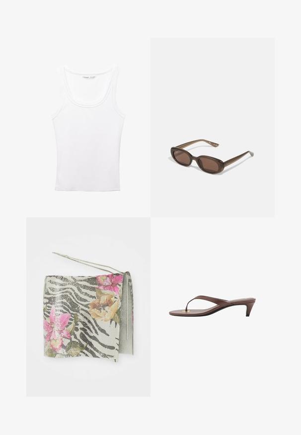 PULL&BEAR Linne - white; Zebramönstrad clutch med metallnät, prydd med rosa och orange blomsterdetaljer. Inkluderar en silverkedjesnor och en tofsdetalj.; Bruna klackflip-flopsandaler med en smal rem och rund tåpost, med en liten guldaccent på fotbädden.; Bruna ovala solglasögon med mörka linser. Bågen har ett transparent brunt material och har en logotyp tryckt på stängerna.