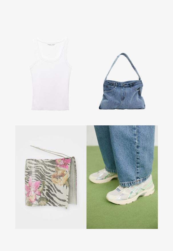 PULL&BEAR Top - white; Zebra-gepatroonde clutch met metalen gaas, met roze en oranje bloemaccenten. Inclusief een zilveren kettingriem en een kwastdetail.; Witte en zilveren mesh sneakers met groene accenten, gedragen met losse blauwe jeans, staand op een groen tapijt.; Denim schoudertas met een gebogen hengsel, twee voorzakken en een knoopsluiting aan de bovenkant, met lichtblauwe stof en contrasterende stiksels.; Zilveren oorbellen in de vorm van een gladde, gepolijste ring. Beschikt over een unieke ovale vorm en een veilig klapsysteem. Gemerkt met "925" voor sterling zilver.
