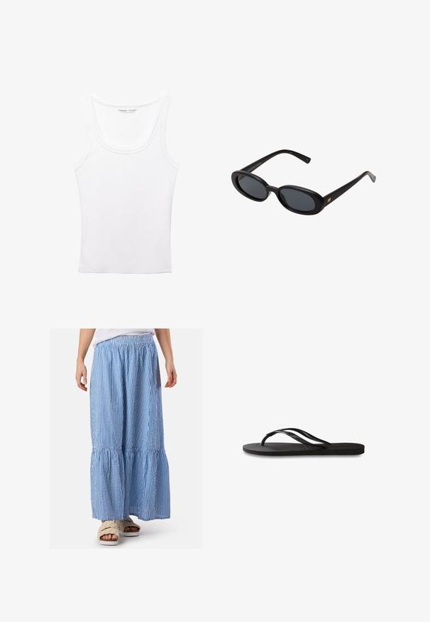 PULL&BEAR Toppi - white; Sininen ja valkoinen raidoitettu maksihame, jossa on elastinen vyötärö, kerroksia ja kevyt kangas. Yhdistetty pehmeisiin sandaaleihin.; Mustat flip-flopit, joissa on röpelöinen kumipohja, kaksi hoikkaa remmiä ja hillitty, kohokuvioitu logotyyli remmissä.; Mustat ylisuuruiset aurinkolasit, jotka ovat soikeat linssit, sileä muovikehys ja kultaiset korostukset temppeleissä. Tummat linssit tarjoavat suojaa auringolta.