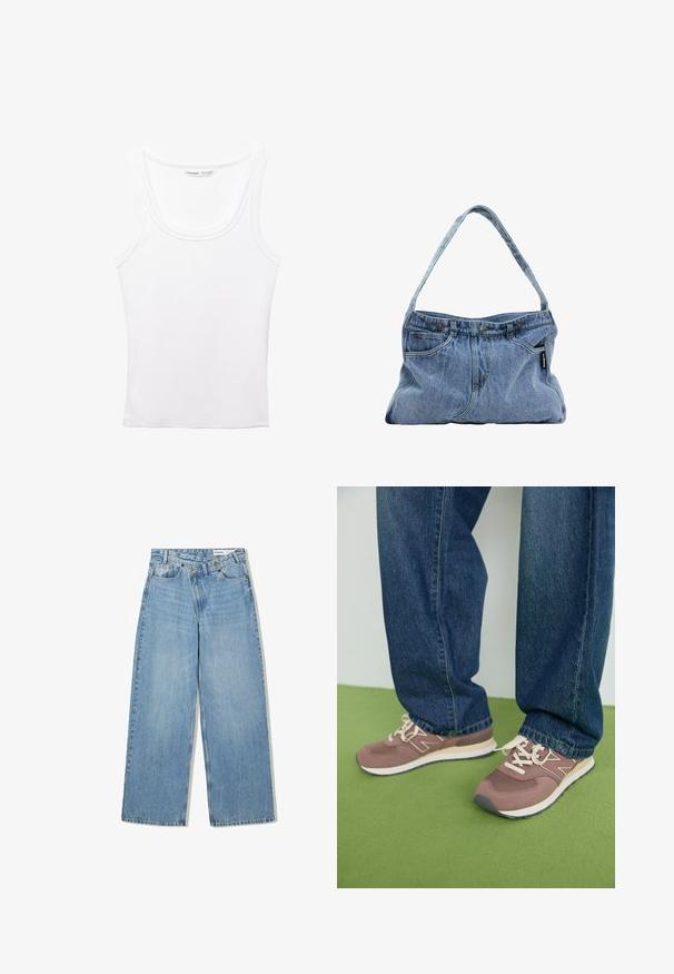PULL&BEAR Top - white; Light blue wide-leg jeans made of denim, featuring a high waist, five pockets, button closure, and subtle fading for texture.; Brown and mauve athletic shoes with white laces and a beige sole. Worn with blue denim jeans, set against a green surface.; Denim shoulder bag with a curved strap, two front pockets, and a buttoned top, featuring light blue fabric and contrasting stitching details.; Silver hoop earrings with a smooth, polished finish. Features a unique oval shape and a secure clasp design. Marked "925" for sterling silver.