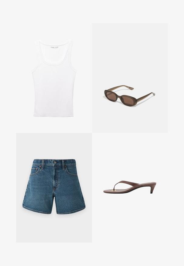 PULL&BEAR Top - white; Jeans kratke hlače v srednje modri barvi s ravnim krojem, tradicionalnim pet-pocket dizajnom in kontrastnim šivom ob robovih.; Rjava natikača na peto s tankim trakom in zaobljenim prstom, ki ima majhen zlat poudarek na podplatu.; Rjave ovalne sončne naočare s temnimi lečami. Obloge so narejene iz prozorne rjave materiale in imajo na templjih natisnjeno logo.; Sivina rebrasta kratka majica in olivno zelena krila z visokim pasom. Model drži belo torbico za na rame s izrezljanjem. Preprost dizajn, oprijet silhueta.