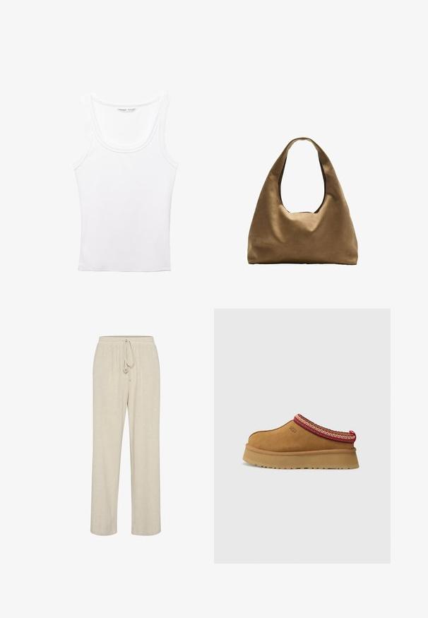 PULL&BEAR Top - white; Beige linnedbukser med elastisk talje og justerbar snoretræk, med et lige ben-design og en subtil tekstur.; Brune ruskinds slip-on sko med røde og cremefarvede mønstrede kanter, tekstureret sål og UGG-logo på siden. Har en let platformhøjde.; Brun stof skuldertaske med en bred, rundet krop og et stort udsnit håndtag. Blød tekstur, minimalistisk design og ingen synlig hardware.