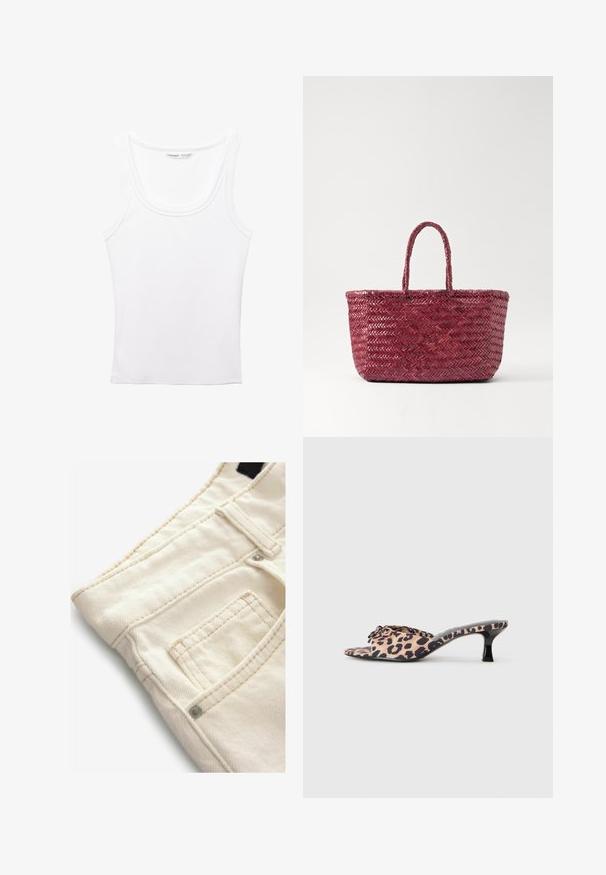 PULL&BEAR Top - white; Krémové džíny s texturovaným povrchem, vybavené malou přední kapsou a kontrastními švy. Ideální pro neformální nošení.; Mule s leopardím potiskem a nízkým černým stiletto podpatkem. Měkký materiál na svršku s uzlem vpředu a hladká, plochá podrážka.; Woven taška v tmavě červené barvě se dvěma pevnými uchy, s rybářským vzorem a otevřeným designem. Vyrobena z přírodních materiálů.; Stříbrné náušnice ve tvaru zkrouceného kruhu s texturovaným povrchem a rýhovanými detaily, uzamčené na klips.