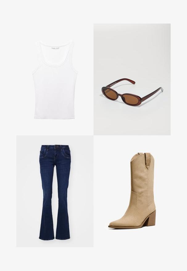 PULL&BEAR Top - white; Temno modri široki kavbojke iz denima. Imajo pet žepov, sprednji zadrgo in šivane detajle vzdolž šivov.; Bershka HIGH-HEEL - Škornji v kavbojskem/motorističnem slogu - beige; Okrogle, rjavo obarvane sončne naočare z sijočim burgundskim okvirjem. Tanek nosilec s subtilnim logotipom. Oblika leč je ravna.