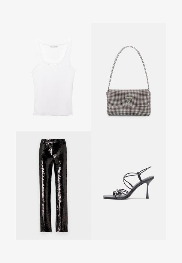 PULL&BEAR - Top; Czarne spodnie z cekinami o prostym kroju, charakteryzujące się błyszczącą teksturą i połyskującą powierzchnią, która odbija światło. Brak widocznych zapięć.; Czarne sandały na wysokim obcasie mają cienkie paski z węzłowym wzorem, gładki, kwadratowy czubek i smukły obcas w stylu szpilki.; Jasnoszara metaliczna torebka na łańcuszku, ozdobiona małymi okrągłymi metalowymi ćwiekami oraz trójkątnym logo marki.; Srebrne kolczyki na biglu o gładkim, błyszczącym wykończeniu. O zaokrąglonym kształcie, lekkim designie, z zamknięciem na zatrzask.
