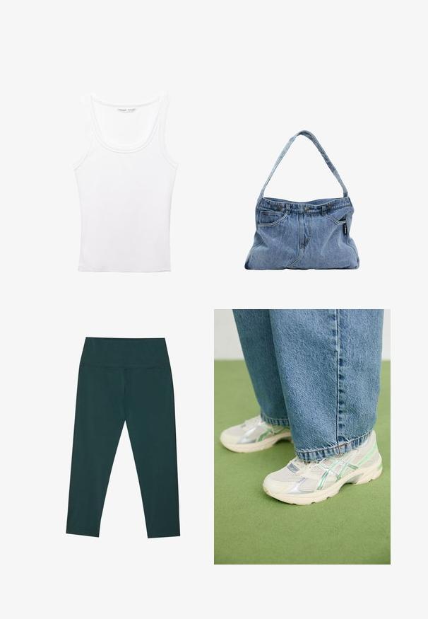 PULL&BEAR Top - white; Donkergroene capri leggings met een hoge tailleband, gemaakt van een gladde, rekbare stof. Heeft flatlock naden en een aansluitende pasvorm.; Witte en zilveren mesh sneakers met groene accenten, gedragen met losse blauwe jeans, staand op een groen tapijt.; Denim schoudertas met een gebogen hengsel, twee voorzakken en een knoopsluiting aan de bovenkant, met lichtblauwe stof en contrasterende stiksels.; Zilveren oorbellen in de vorm van een gladde, gepolijste ring. Beschikt over een unieke ovale vorm en een veilig klapsysteem. Gemerkt met "925" voor sterling zilver.