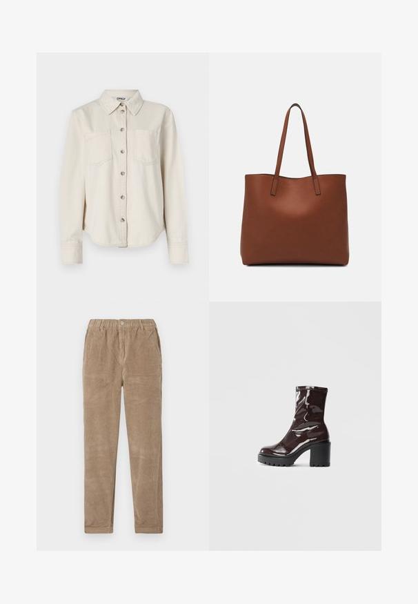 Bež košulja od trapera s dugim rukavima, s kopčanjem sprijeda, s dva džepa na prsima i klasičnom kragnom. Mekana tekstura s zaobljenim rubom.; Smeđe ženske hlače od kordura s elastičnim pojasom, s ravnim prednjim džepovima i ravnim krojem. Mekani materijal i rebrasta uzorka.; Sjajna burgundska čizma do gležnja s debelim crnim potplatom, koja se odlikuje glatkom teksturom i jednostavnim dizajnom. Nema vidljivih kopčanja ili uzoraka.; Smeđa kožna torba preko ramena s glatkom teksturom, otvorenim vrhom i dvjema naramenicama. Ima minimalne šavove i nema vidljivog hardvera.