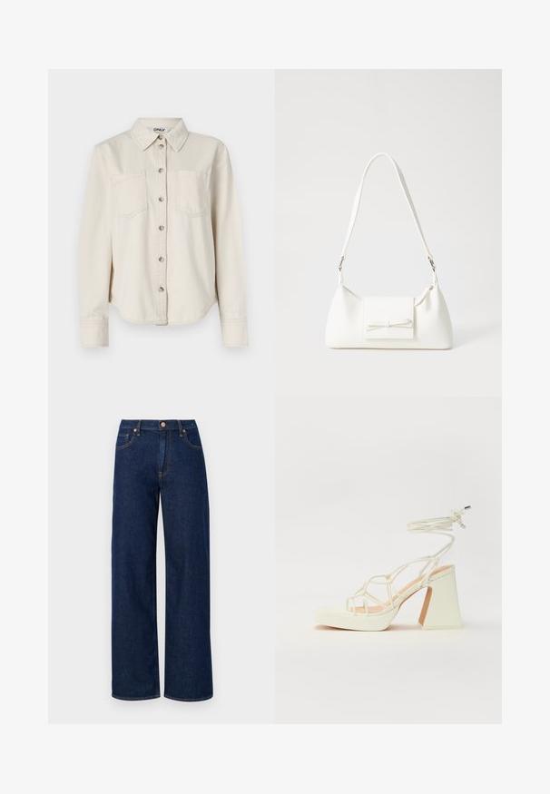Beige denim shirt with long sleeves, button front, two chest pockets, and a classic collar. Soft texture with rounded hem detail.; Blue denim wide-leg trousers with a high waist, featuring orange stitching and a metal button closure. Clean, straight cut and no embellishments.; White high-heeled sandal with a chunky heel, featuring a strappy design and ankle tie. Smooth texture with a platform front for added height.; White synthetic handbag with a triangular shape, flat front flap and bow detail, adjustable strap, smooth texture, and minimalistic design.