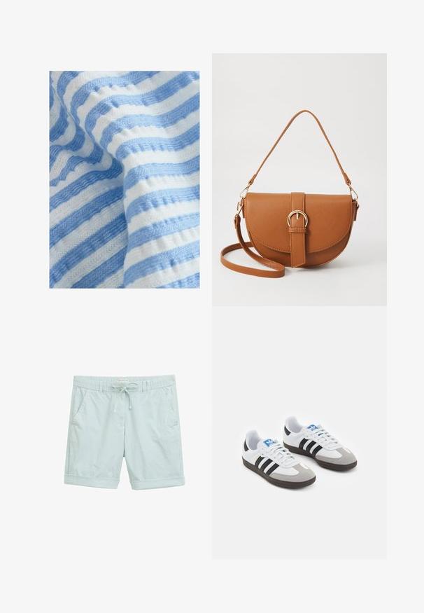 Svītrainā audumā ir mainīgas gaiši zilas un baltas joslas, tekstūra ar viļņotu rakstu, mīksts adījums un viegls kritums.; Gaiši zili svītraini šorti no viegla auduma, ar šo apakšējo saiti jostasvietā, iegrieztām malām un sānu kabatām.; Sporta apavi ar balto ādas virsu, pelēku zamšādas purngalu un trim melnām svītrām. Iezīmē zilu logotipu uz mēles un teksturētu gumijas zoli.; Brūns ādas plecu soma ar izliekta formu, zelta piederumiem un sprādzes akcentu. Iesaiņota ar noņemamu plecu siksnu.