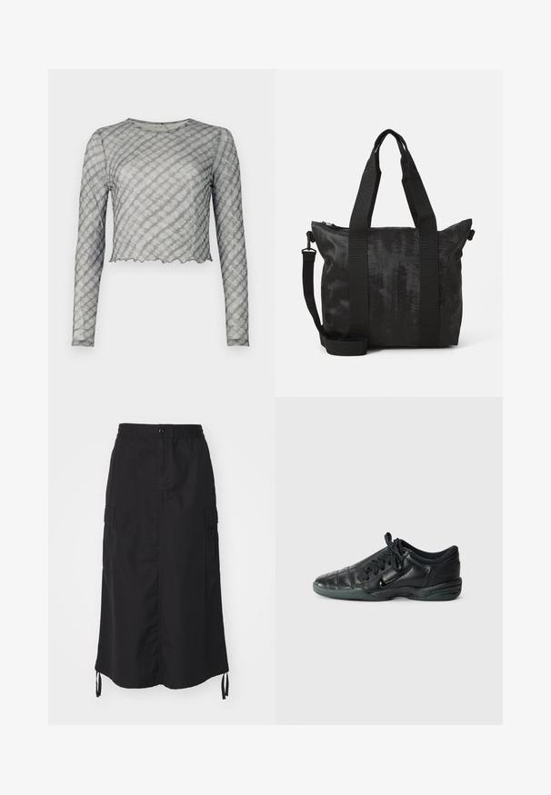 Dlhý rukáv, skrátený top z priesvitného šedého materiálu s jemnými diagonálnymi pruhmi. Má okrúhly výstrih a volánkový lem. Mäkká textúra, priliehavý strih.; Čierna sukňa strednej dĺžky vyrobená z ľahkého materiálu. Má elastický pás, zapínanie na gombík a bočné vrecká s šnúrkovými detailmi.; Čierne kožené atletické topánky s prešívaným dizajnom, okrúhlou špičkou, šnurovaním vpredu a gumovou podrážkou. Obsahujú diskrétne logo na boku.; Čierna taška cez rameno s textúrovanou tkaninou, dvojitými vrchnými úchytmi a odnímateľným popruhom na rameno. Disponuje zipsom pre bezpečné uskladnenie.