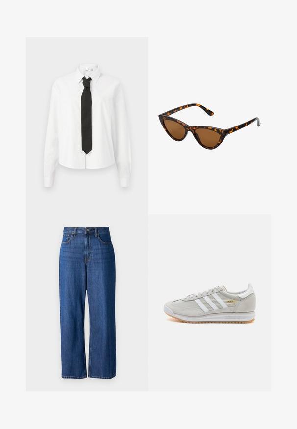 White long-sleeve shirt with a structured collar and a black tie, featuring a smooth cotton texture and a button-down front design.; Wide-leg jeans in dark blue denim, featuring a high waist, five-pocket design, button closure, and visible stitching on seams.; Light grey sneaker made of suede and mesh, featuring three white stripes, round toe, and a gum rubber sole. Gold logo accent near laces.; Cat-eye sunglasses with a black and orange tortoiseshell frame, brown lenses, and sleek, pointed tips. Features a minimal logo on the temple.; Black fabric bag with a single, wide shoulder strap. Soft, semi-structured shape and smooth texture; minimal design, without visible hardware.