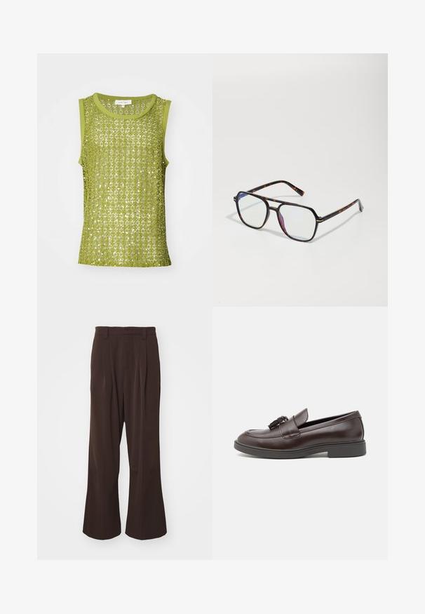 Limezaļš bez piedurknēm topiņš ar acs dizainu, papildināts ar spīguļiem, ar apaļu dekoltē un solidu apmalēm ap rokam.; Brūnas platās kājas bikses ar augsto jostu, ar priekšējām krokām un jostu cilpām, izgatavotas no gludas, vieglas auduma.; Brūni ādas loafers ar noapaļotu purngalu, dekoratīvu pušķi, izšuvumiem un zemu gumijas papēdi papildu komfortam.; Tortoazēla raksta saulesbrilles kvadrātveida formā, ar caurspīdīgām lēcām un plāniem metāla akcentiem uz rāmja.; Burgundijas lakotas ādas crossbody soma ar taisnstūrveida formu, divām siksnām, sudraba krāsas aksesuāriem un vāku ar aizdari.; Sudraba metāla pulkstenis ar apstrādātu zilu ciparnīcu, baltām stundu atzīmēm un datuma displeju. Iespējo saistīta metāla josla un zīmola logo.