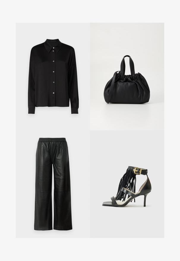 Juodas ilgaaukas marškiniai su klasikinėmis apykaklėmis, su mygtukų užsegimu priekyje, mėlynais mygtukais ir lygiu, tekstūruotu audiniu.; Juodos odinės plačių kojų kelnės su elastingu juosmeniu, pasižyminčios lygiu paviršiumi ir minimaliais siūlių detalėmis.; Juodos aukštakulnės šlepetės su kutų detalėmis, kulkšnies dirželis su auksine furnitūra, plokščia kvadratinė noselė ir dvi kryžminės juostos per pėdos priekį.; Juoda odinė rankinė su susiraukšlėjusiu viršumi, su dviem trumpomis rankenėlėmis ir ilga reguliuojama juosta. Lygus paviršius, apvalios formos.