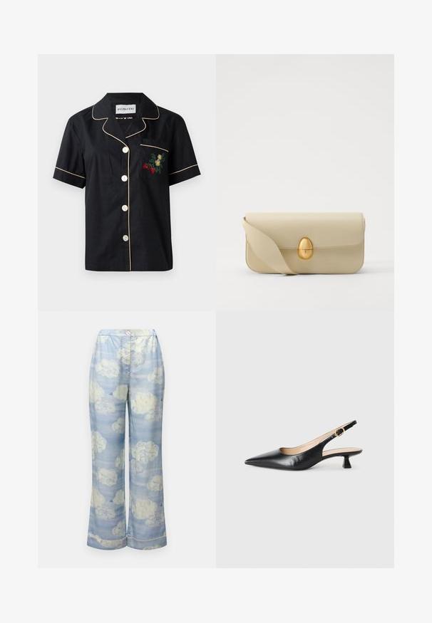 Crna majica s kratkim rukavima s kontrastnim bež rubom, pet dugmadi s prednje strane i džepom na lijevoj strani prsnog dijela s cvjetnim vezom.; Hlače širokih nogavica u nebesko plavoj boji, izrađene od lagane tkanine, s uzorkom oblaka u mekanim bijelim i suptilnim pastelnim tonovima, s elastičnom elastikom u struku.; Crne kožne slingback cipele s potpeticom u obliku mačke, s šiljastim vrhom i zlatnom kopčom na bočnom remenu, na bijeloj pozadini.; Bež kožni ručni torbicu s glatkom teksturom, pravokutnim oblikom i zlatnim ovalnim kopčanjem. Ima dugu, podesivu naramenicu.